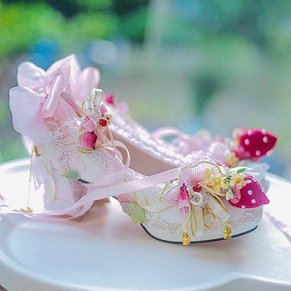White&Pink Sweet Lolita Beaded And Strawberry Decorated Lace Trim 5CM/8.5CM Block Heels Shoes