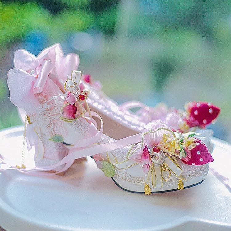 White&Pink Sweet Lolita Beaded And Strawberry Decorated Lace Trim 5CM/8.5CM Block Heels Shoes