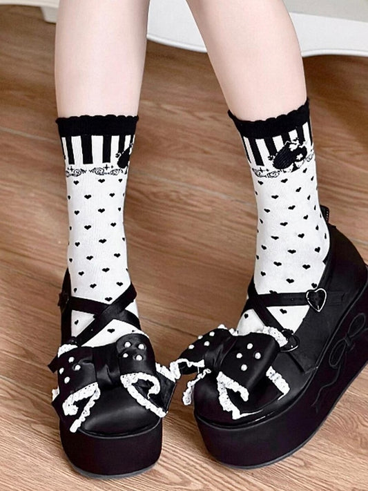 Black Ace of Spades Heart Print Lolita Calf Socks