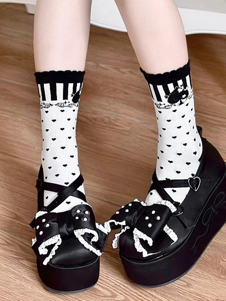 Black Ace of Spades Heart Print Lolita Calf Socks