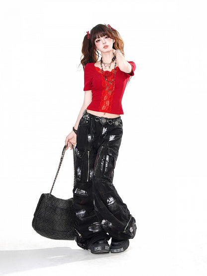 Black/Red Rosette Lace Trim Butterfly Cutout Detail Back Glamorous Cropped Top