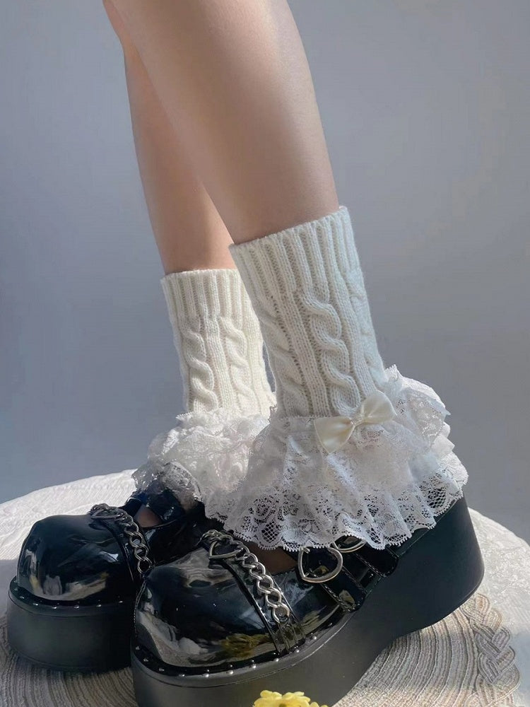 White Bow Three-Layered Lace Trim Lolita Leg Warmers