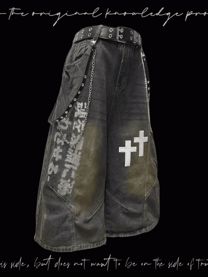 Dark Blue Faded Wash Cross Appliques Distressed Wide-Leg Jeans