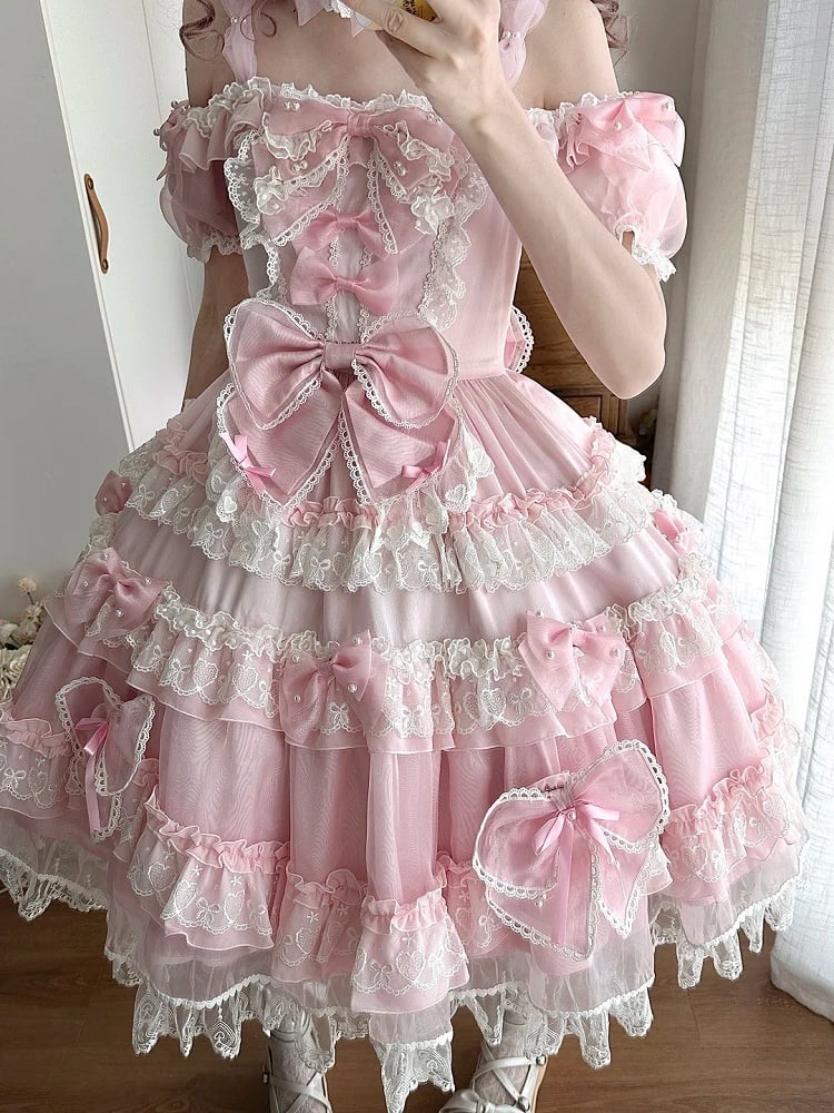 Sweet Pink Bow Accents and Bead Details Princess Lolita Dress with Big Bow at Back