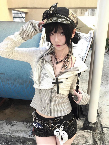 Y2K White / Black Faux Two-Piece Knit Zip-Up Hoodie