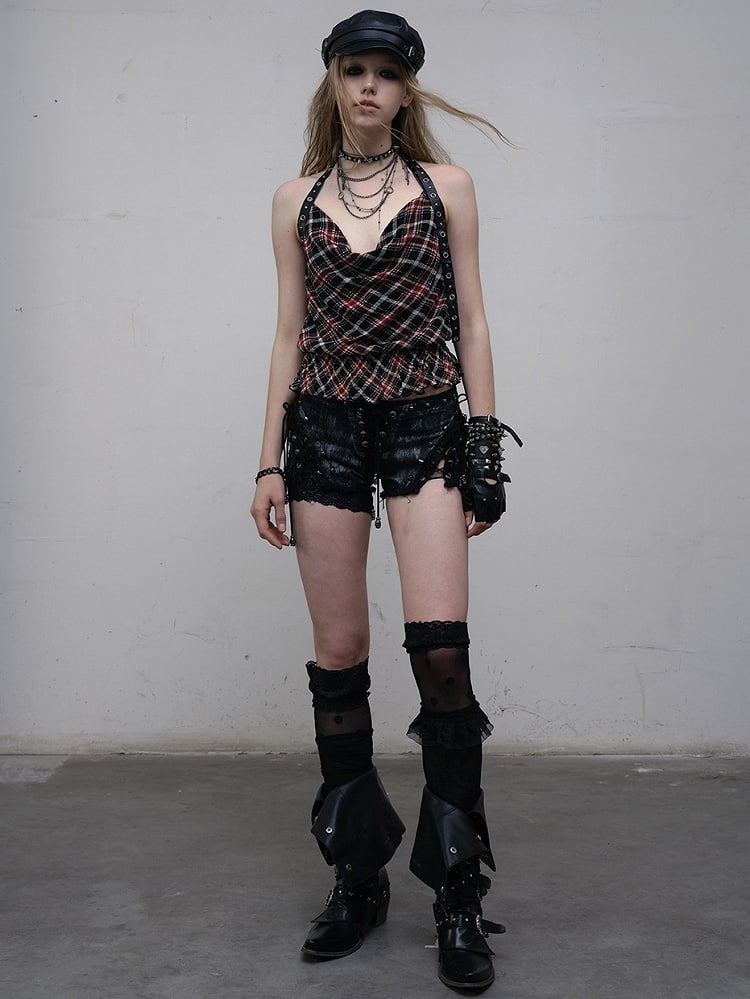 Black&Red Wasteland Punk Glamorous Cowl Neckline Ruffles Trim Plaid Pattern Halter Neck Top