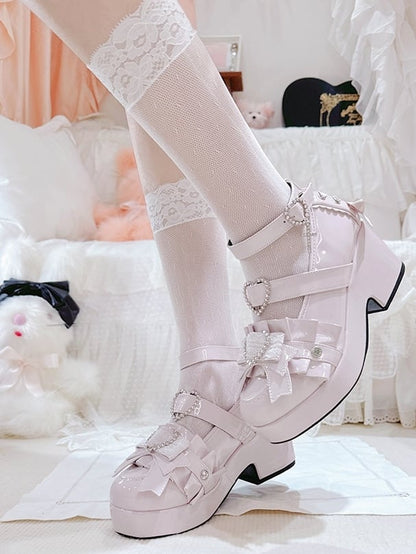 Jirai Kei Polished Pink Rhinestone Heart Decorated Lace-up Details Platform High Block Heels
