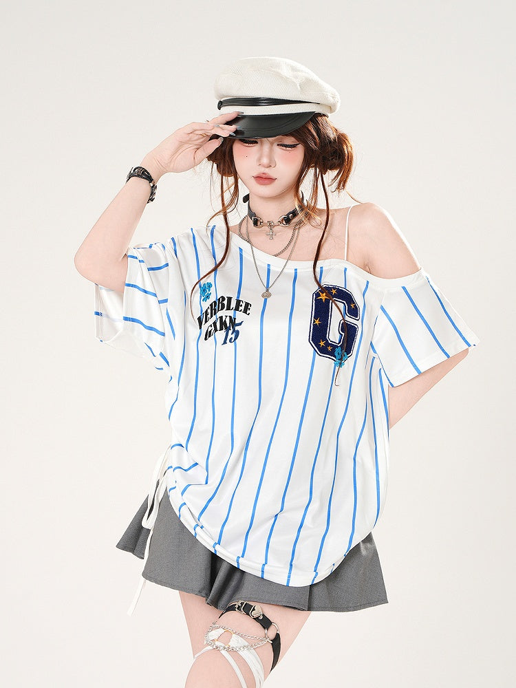 Asymmetrical Neckline Blokette Core White/Black Striped T-shirt