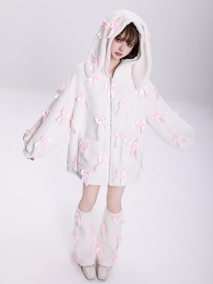 Allover Pink Bows Jirai Kei Bunny Ears Hooded White Fleece Zip Hoodie