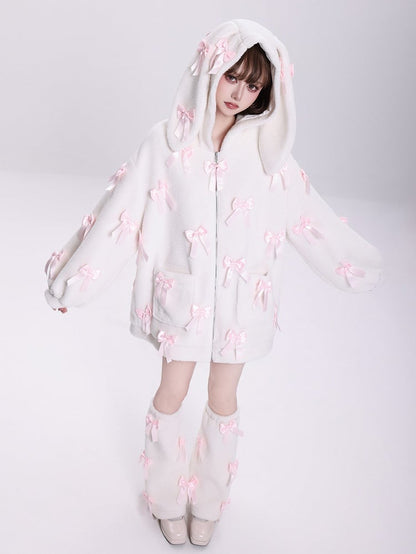 Allover Pink Bows Jirai Kei Bunny Ears Hooded White Fleece Zip Hoodie
