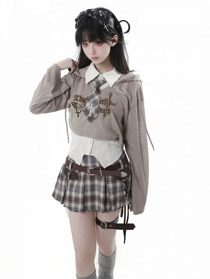 Preppy Style Curved Hem White/Beige Sleeveless Shirt with Cross Decorated Plaid Tie