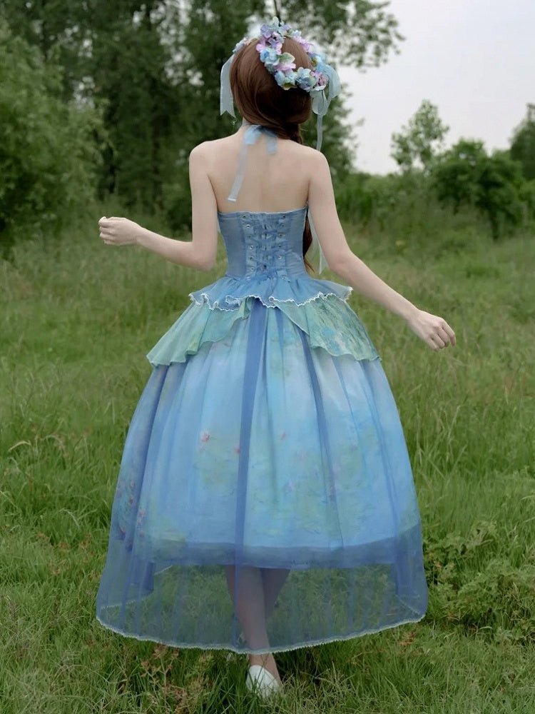 Sky Blue Fairy Oil Painting Print Tiered Flounce Hem Halter Boned Corset Top