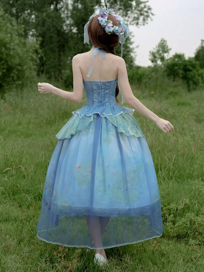 Sky Blue Fairy Oil Painting Print Tiered Flounce Hem Halter Boned Corset Top