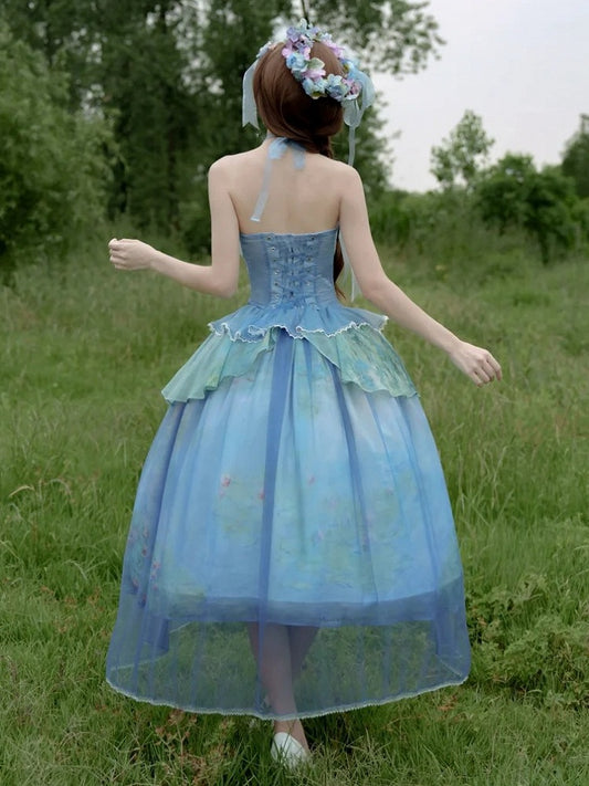 Sky Blue Fairy Oil Painting Print Tiered Flounce Hem Halter Boned Corset Top