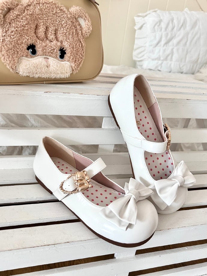 White Bow at Top Sweet Lolita Flats with Hugging Bear Heart Buckles