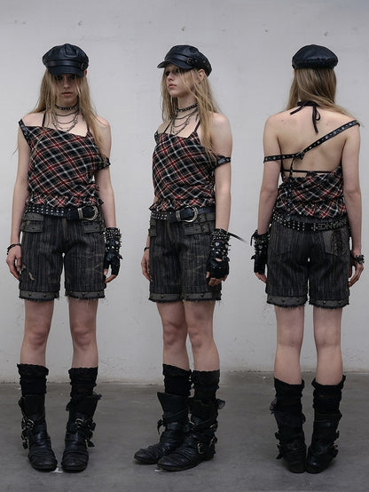 Black Wasteland Punk Studs Decorated Buckle Details Faded Wash Shorts