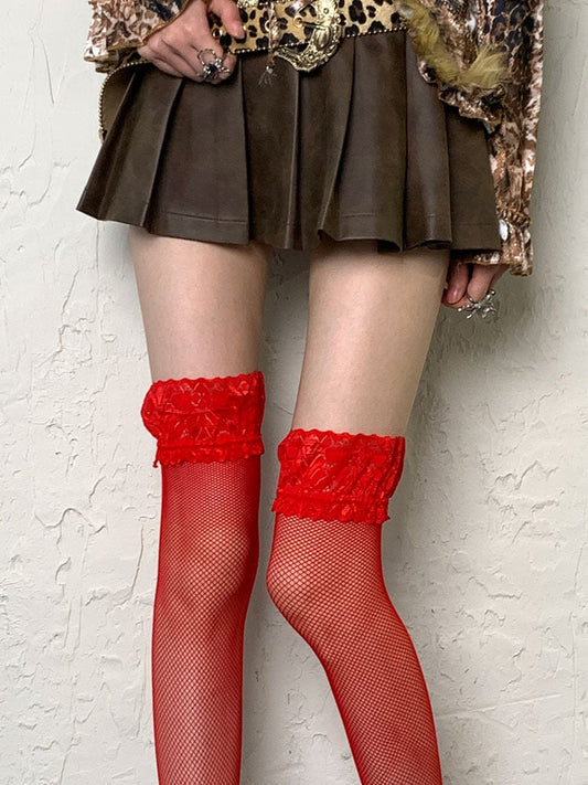 Red Lace Trim Fishnet Overknee Stockings