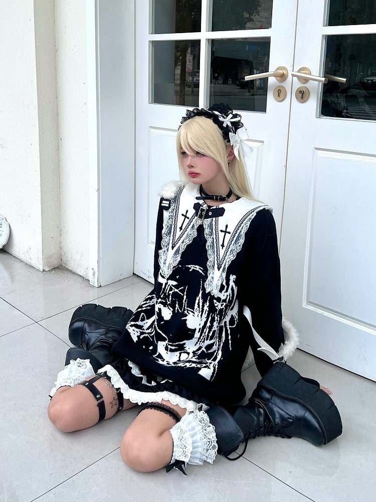 Black Jira Kei Sweater with Manga Girl Design