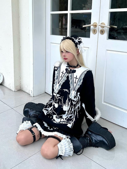 Black Jira Kei Sweater with Manga Girl Design