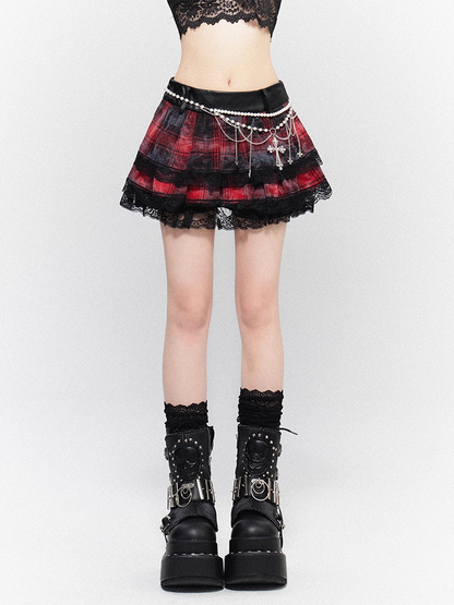 Black and Red Plaid Lace Trim Tiered Skirt with Buckle Belt Design