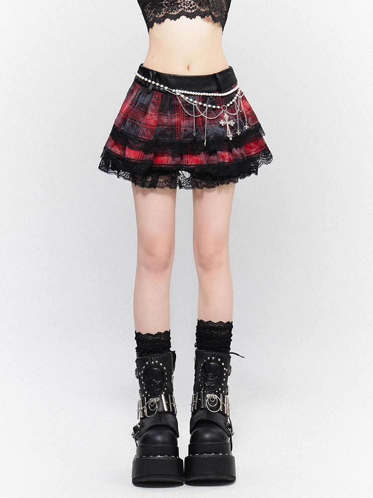 Black and Red Plaid Lace Trim Tiered Skirt with Buckle Belt Design