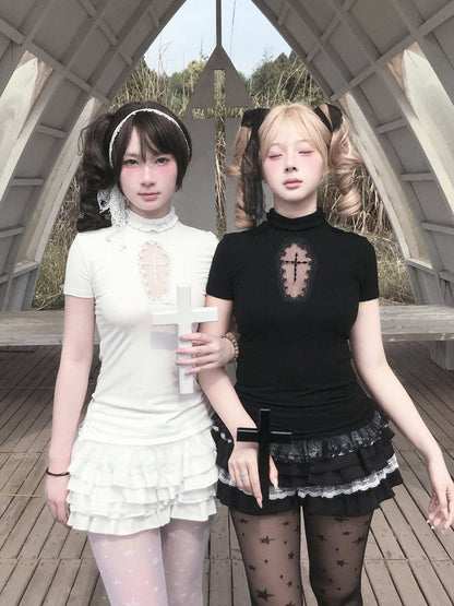 Gothic Black/White Mock Neck Coffin-Shaped Cutout T-Shirt