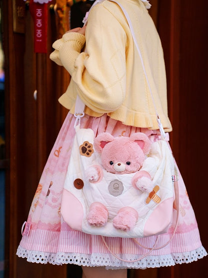 White&Pink Cut-out Design Crossbody Bag With 3 Options Detachable Plushie