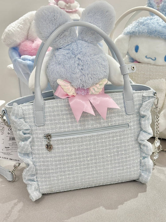 Blue Plush Bunny Ear Decor Bow Accent Lolita Bag – 3 Ways to Wear: Crossbody, Shoulder, or Hand