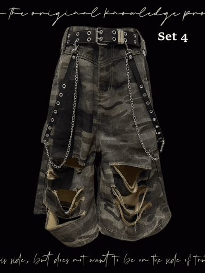 Camouflage Distressed Holes Wasteland Punk Wide-Leg Shorts