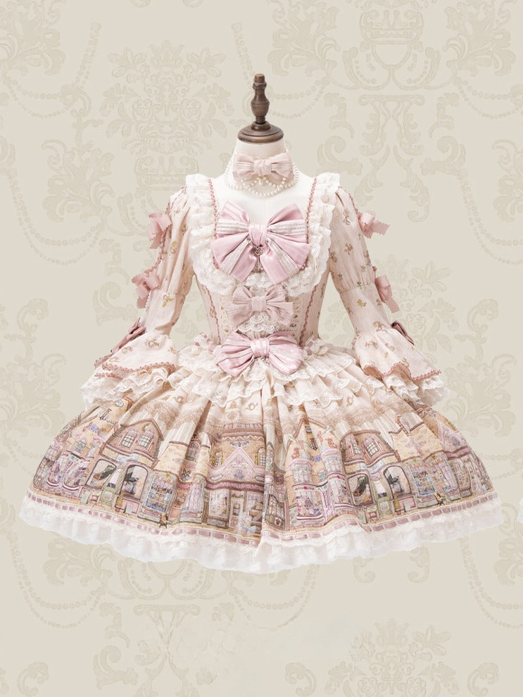 Fairytale Town Theme Cream-colored Square Neckline Sweet Lolita Dress with Bow Accents