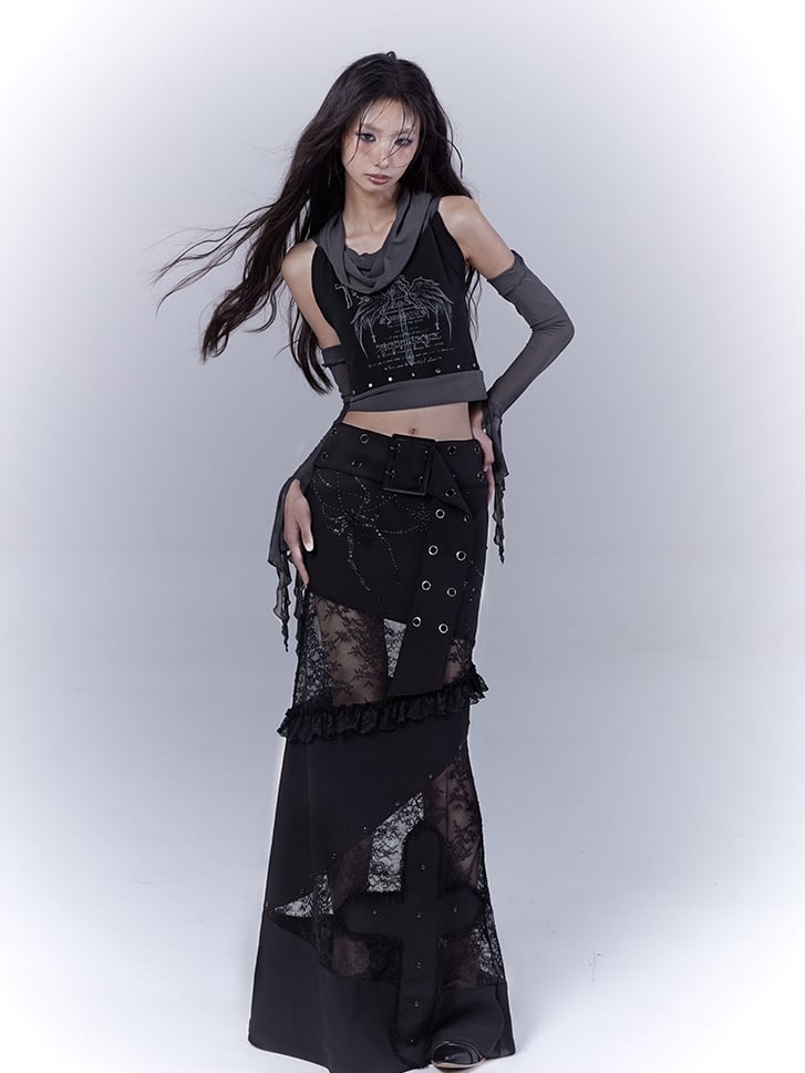 Black Low Waist Lace Patches Cross Applique Punk Skirt with Buckle Belt