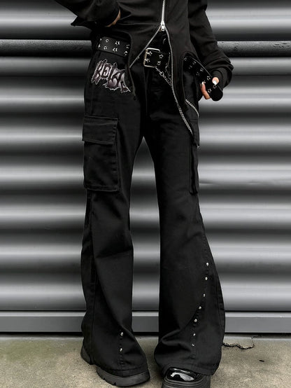 Punk Black Letter Patch Cargo Pockets Design Low Waist Fishtail Pants with Belt