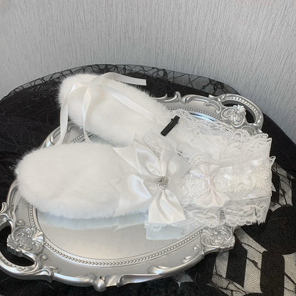 Black/White Rhinestone Heart Decorated Bowknot Details Ruffled Plush Bunny Ear Hairband