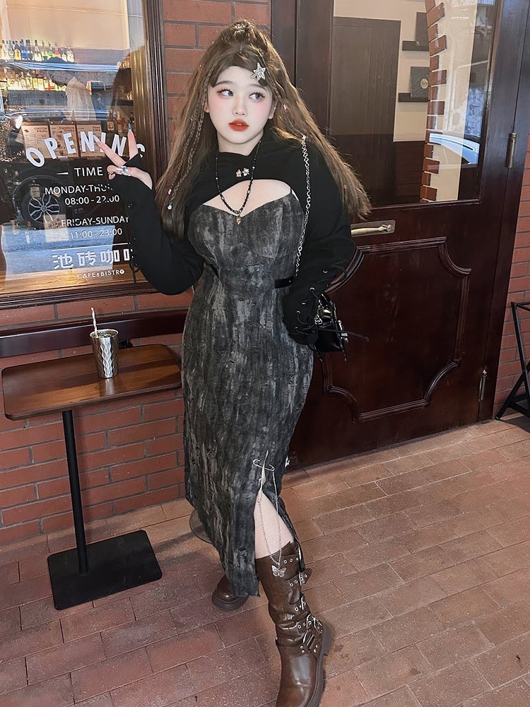 Plus Size Black Lace-up Detail Hooded Bolero