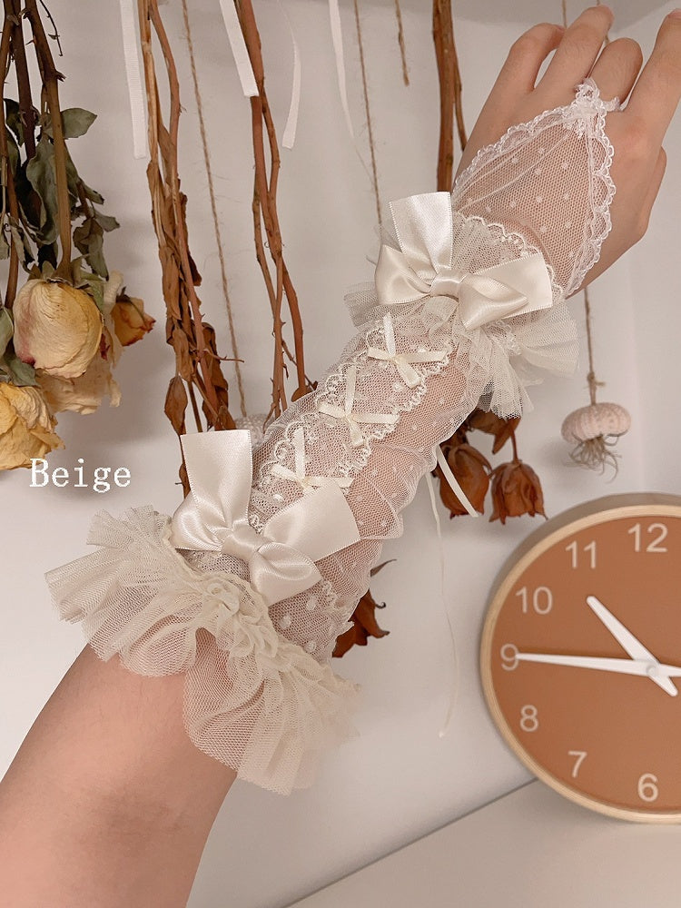 Beige/White/Pink/Black Bowknot Details Polka-dot Pattern Lace Wrist Cuffs
