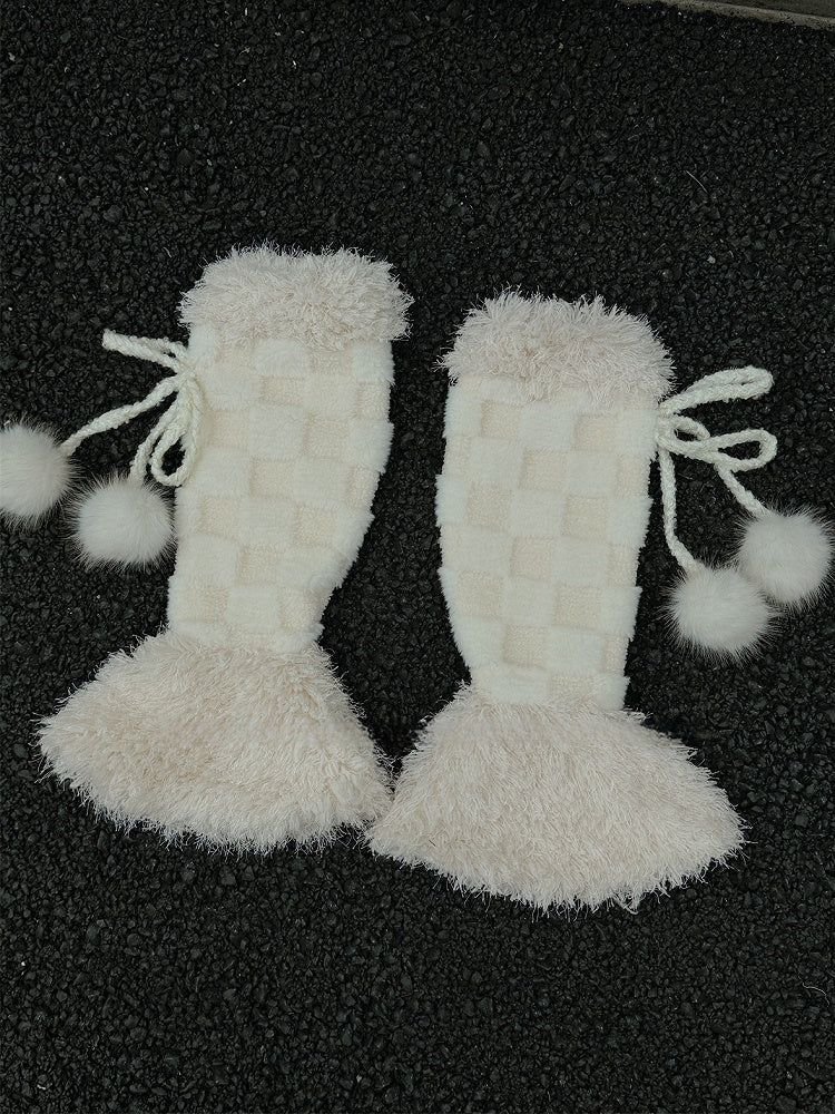 Off-white Sweet Checked Plush Leg Warmers With Pompons