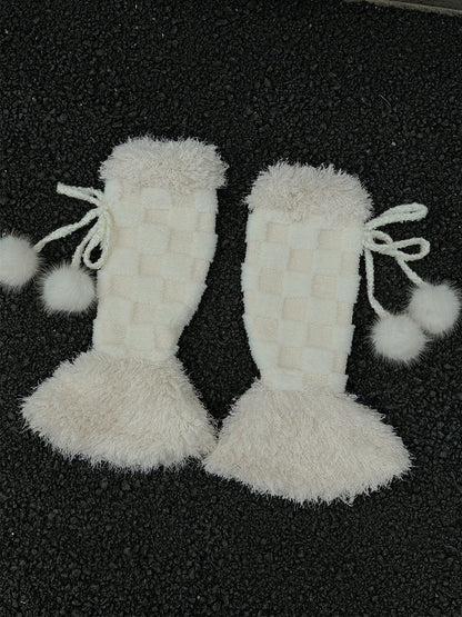 Off-white Sweet Checked Plush Leg Warmers With Pompons