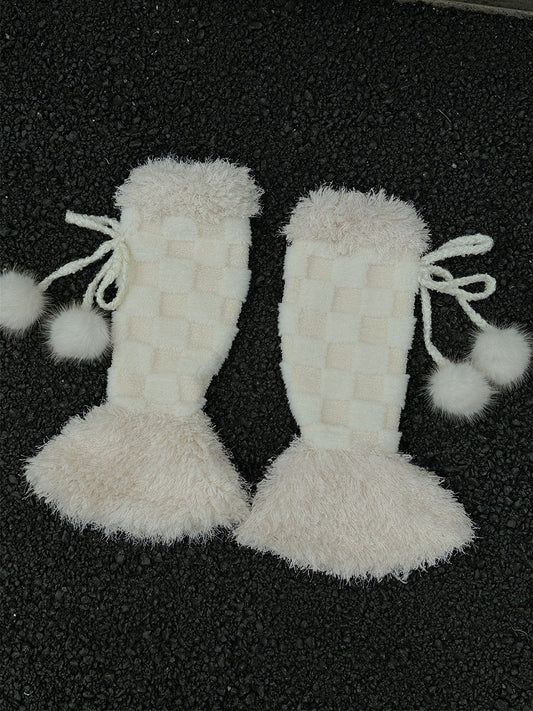 Off-white Sweet Checked Plush Leg Warmers With Pompons