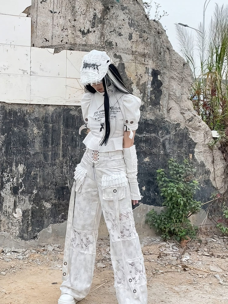 White Double Waistband Distressed Holes Punk Cargo Pants