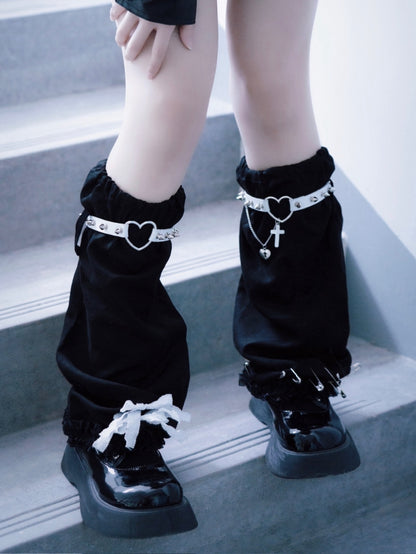 Pins and Studs Decorated Black and White Bowknots Gothic Leg Warmers