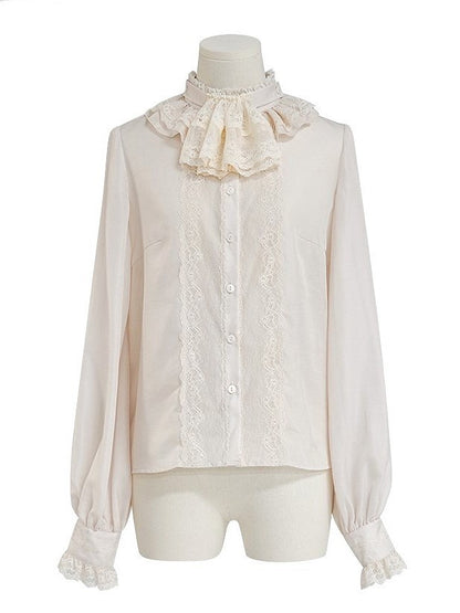Beige Ruffle Neckline Lolita Blouse with Lace Cuffs