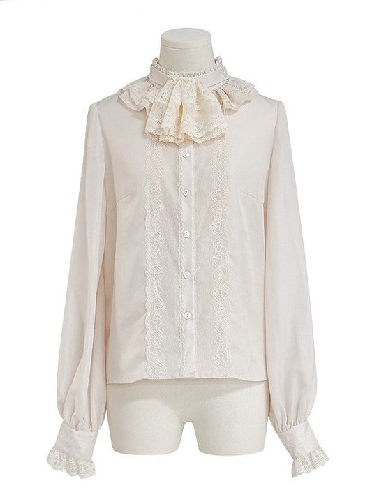 Beige Ruffle Neckline Lolita Blouse with Lace Cuffs