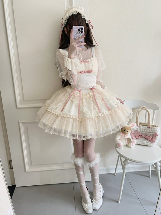 Apricot Balletcore Small Bows Fabric Short Dress Lolita Jumper Skirt