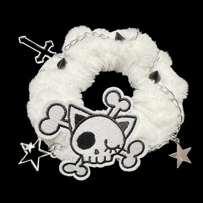 Black/White Skeleton Applique Gothic Plush Scrunchie