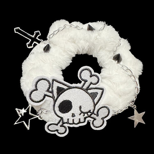 Black/White Skeleton Applique Gothic Plush Scrunchie