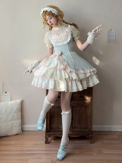 Clearance-Size L for Bust 86-94CM Pink and Green Slim Fit Waist Elegant Tiered Skirt Lolita Jumper Skirt