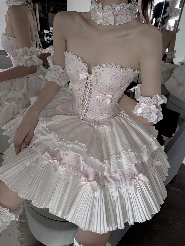 Pink & White Sweet Lolita Floral-Print Corset Top + Skirt + Choker + Arm Rings + KC Full Set