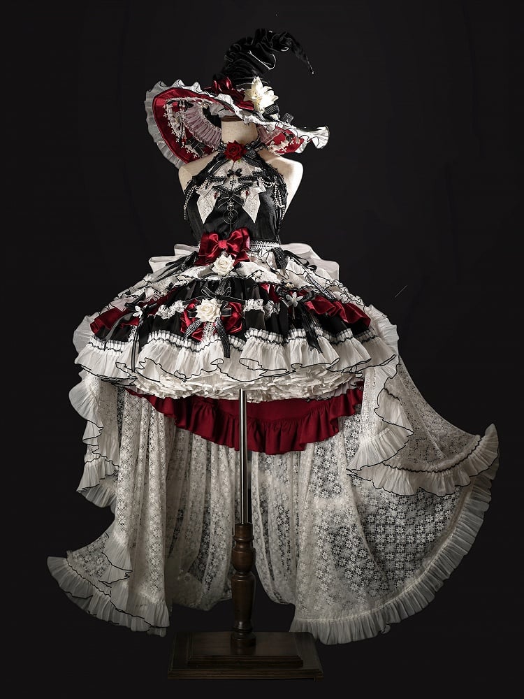 Black and Red Halter Neck Little Witch Lolita Backless Dress + High-low Skirt Full Set