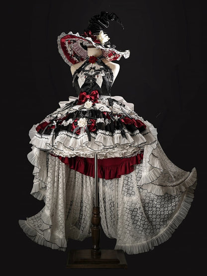 Black and Red Halter Neck Little Witch Lolita Backless Dress + High-low Skirt Full Set