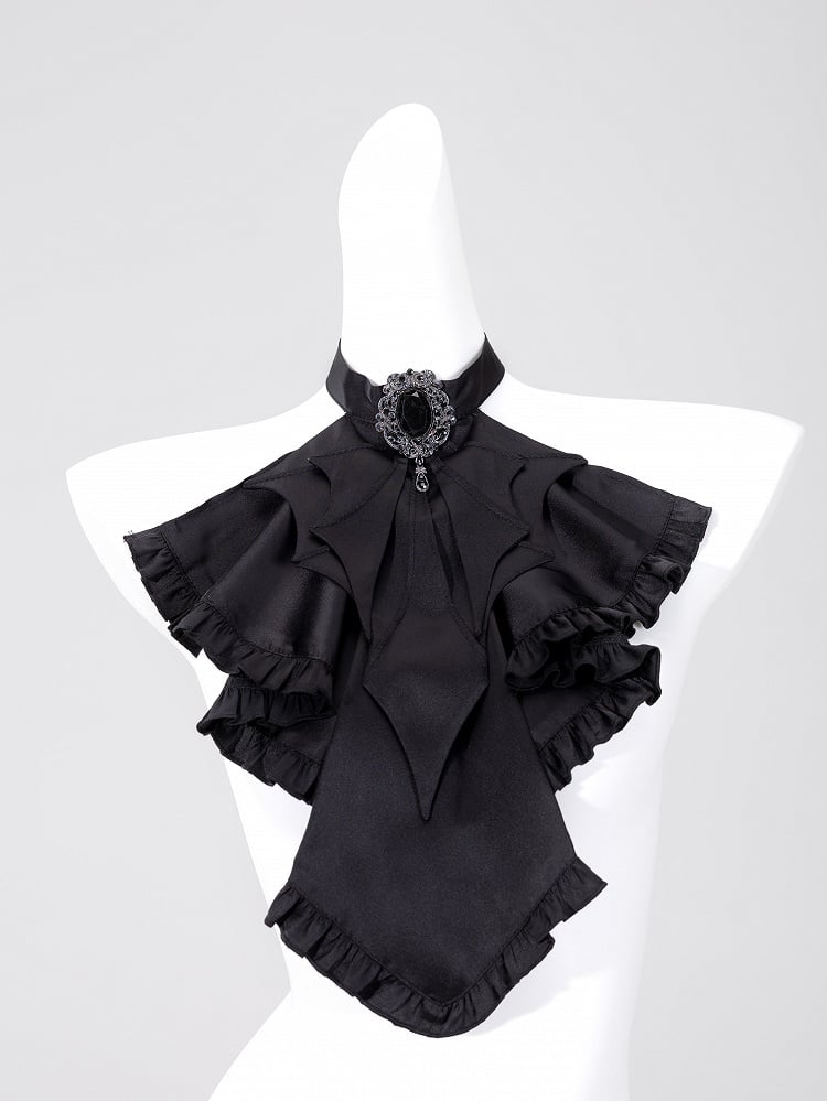 Black Gothic Bat Wings Cascading Ruffle Jabot Tie
